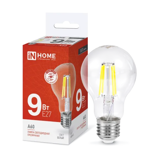 Лампа светодиодная LED-A60-deco 9Вт грушевидная прозрачная 4000К нейтр. бел. E27 1040лм 230В IN HOME