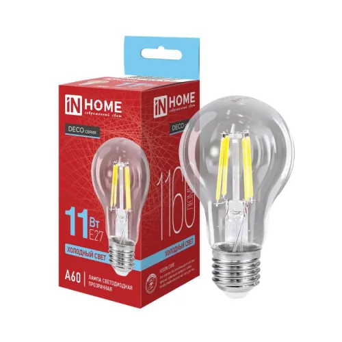 Лампа светодиодная LED-A60-deco 11Вт грушевидная прозрачная 6500К холод. бел. E27 1160лм 230В IN HOM