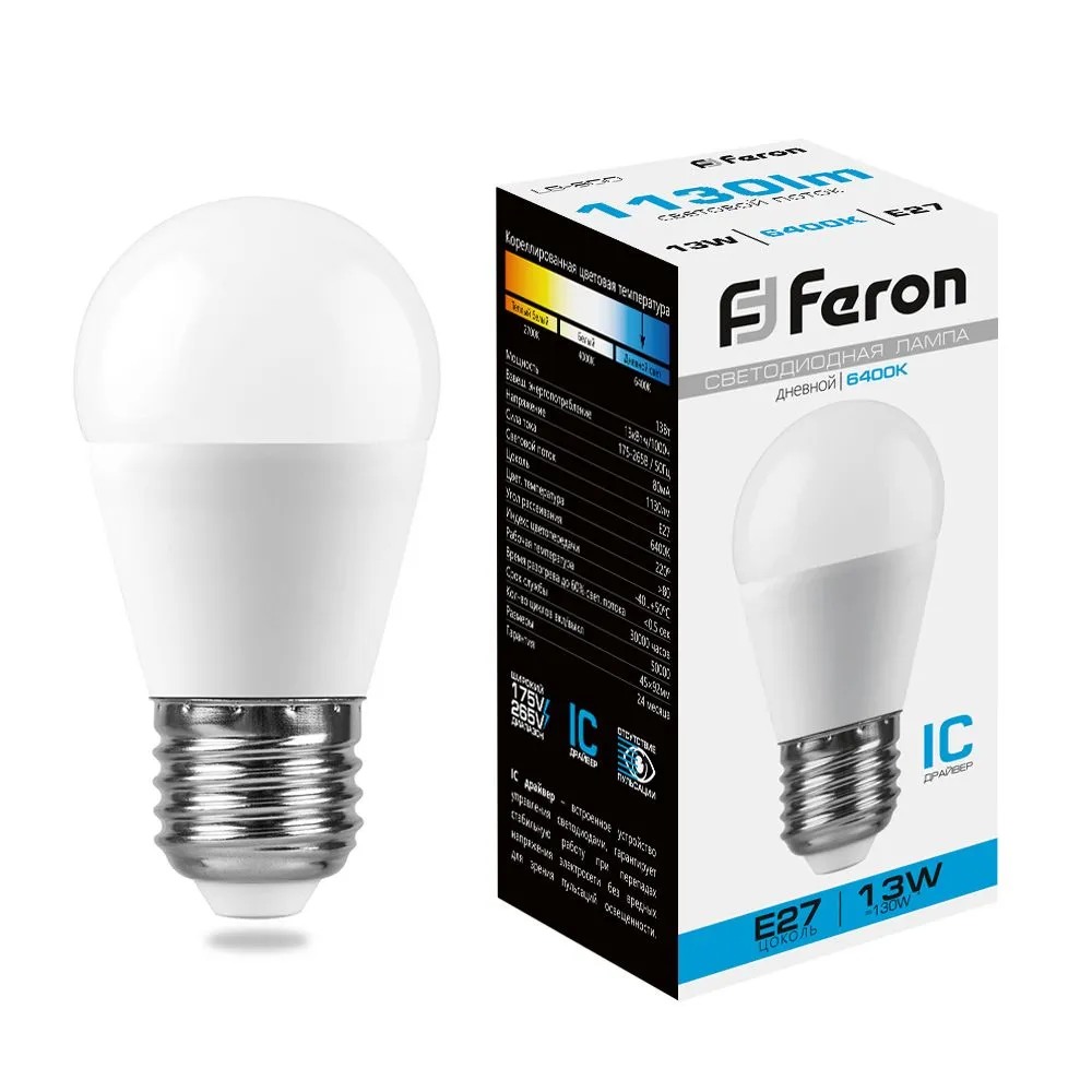 Лампа светодиодная LB-950 13Вт G45 шар 6400К E27 230В FERON 38106