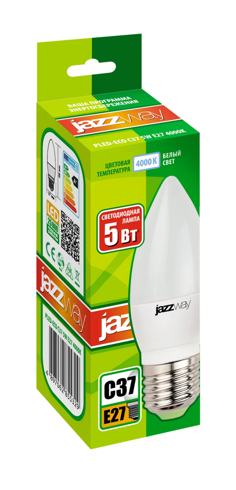 Лампа светодиодная LED 5Вт Е27 220В 4000К PLED- ECO-C37 свеча | 2855329A | Jazzway