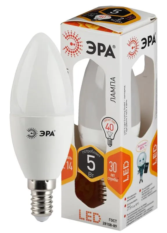 Лампа светодиодная LED 5Вт E14 220В 2700К smd B35 свеча | Б0018871 | ЭРА