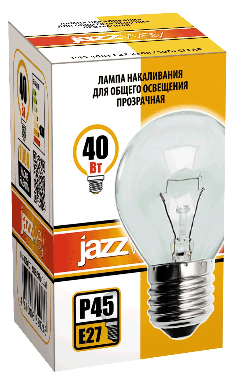 Лампа накаливания ЛОН  40Вт Е27 240В P45 clear | 3320263 | Jazzway