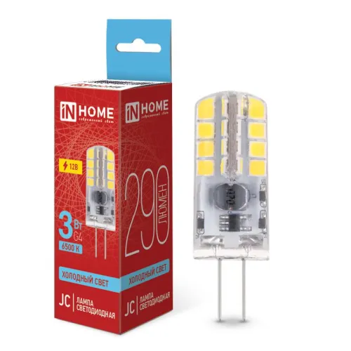 Лампа светодиодная LED-JC 3Вт капсульная прозрачная 6500К холод. бел. G4 290лм 12В IN HOME 469061203