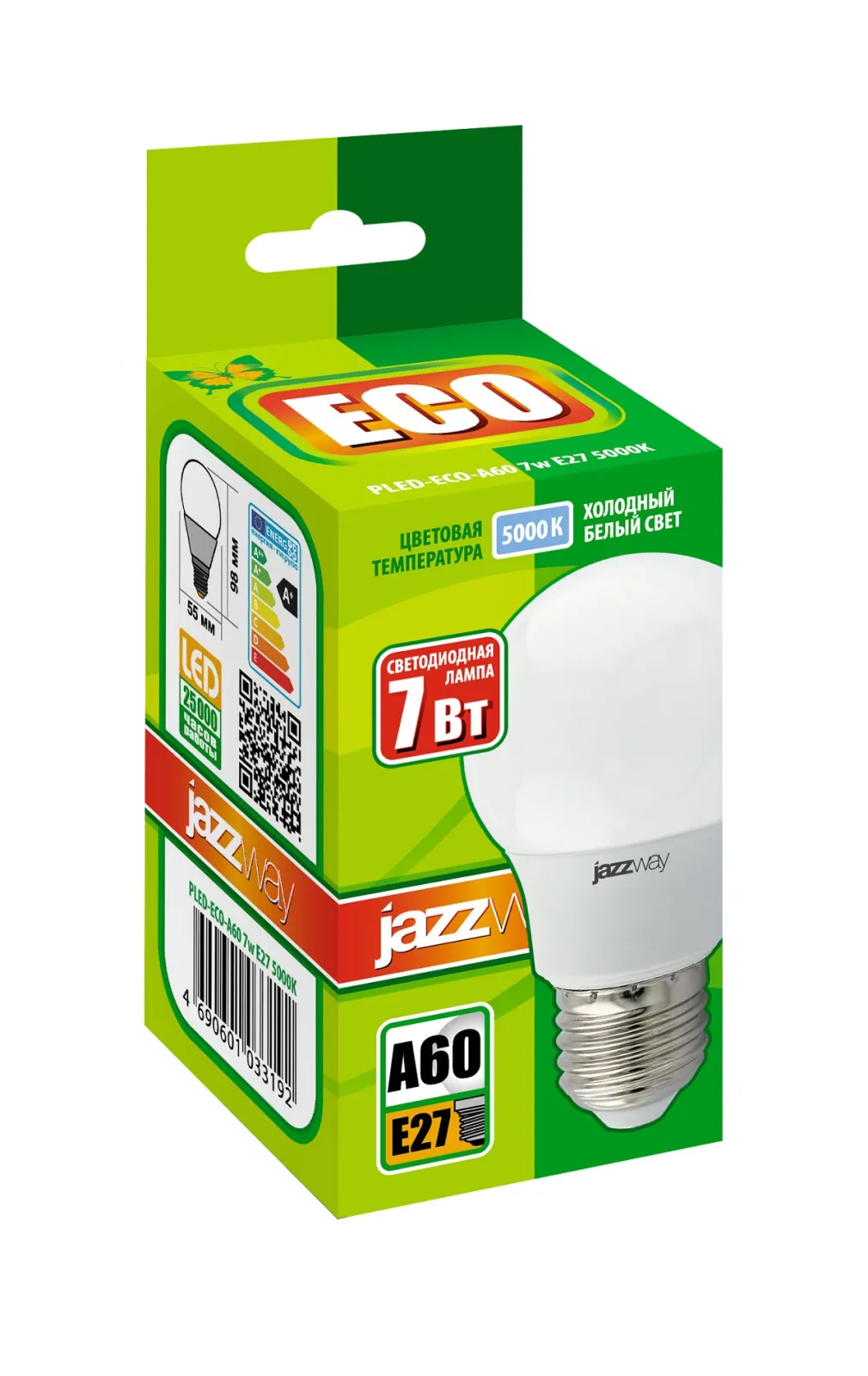Лампа светодиодная LED 7Вт Е27 220В 5000К PLED- ECO- A60 груша | 1033192 | Jazzway
