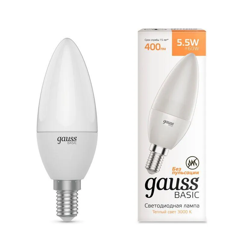 Лампа светодиодная Basic 5.5Вт свеча 3000К E14 400лм (уп.3шт) GAUSS 1033116K