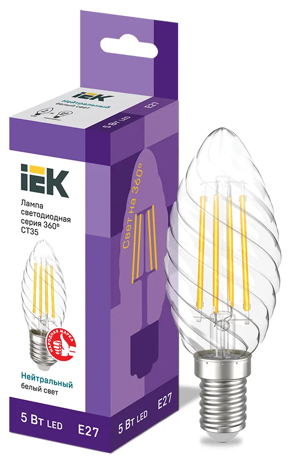 Лампа светодиодная LED CT35 свеча вит. 5Вт 230В 4000К E27 серия 360° | LLF-CT35-5-230-40-E27-CL | IE
