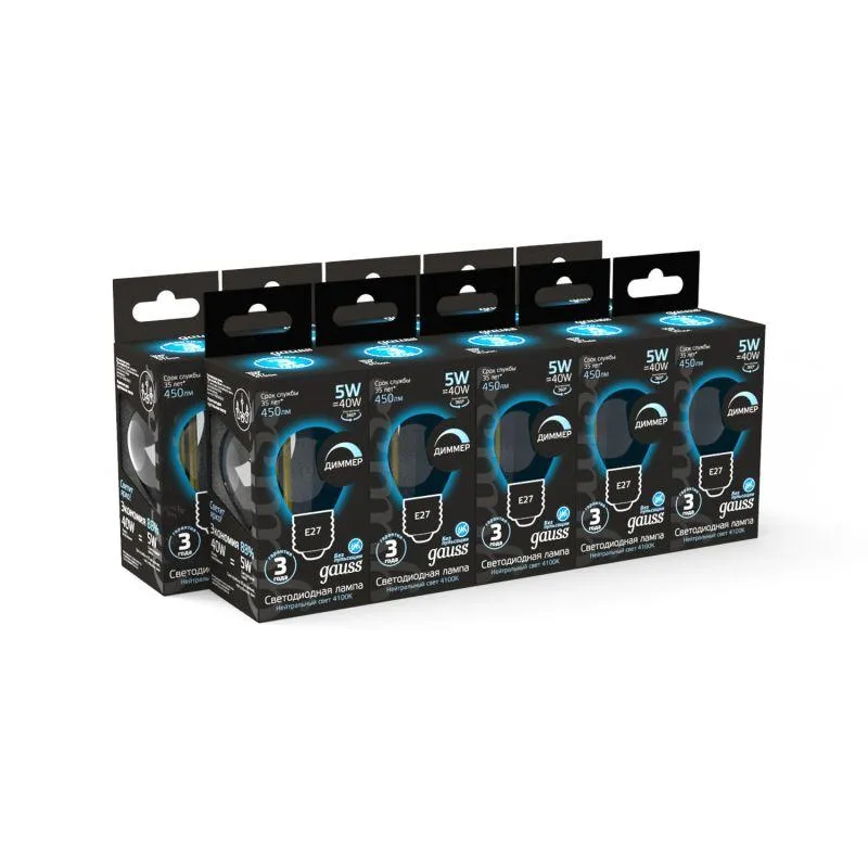Лампа светодиодная филаментная Black Filament 5Вт P45 шар 4100К нейтр. бел. E27 450лм диммир. GAUSS 
