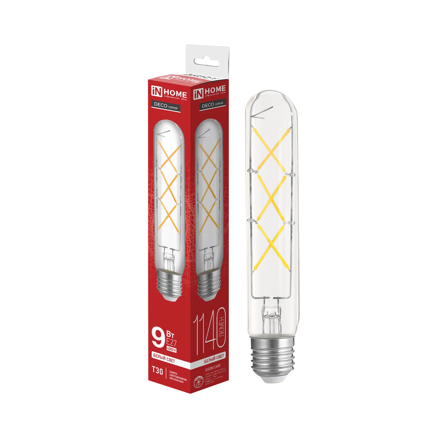 Лампа светодиодная филаментная LED-T30-deco 9Вт прозрачная 4000К нейтр. бел. E27 1140лм 230В 225мм I