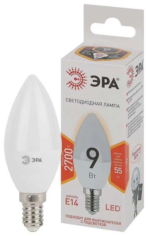 Лампа светодиодная СТАНДАРТ LED B35-9W-827-E14 (диод, свеча, 9Вт, тепл, E14) | Б0047935 | ЭРА