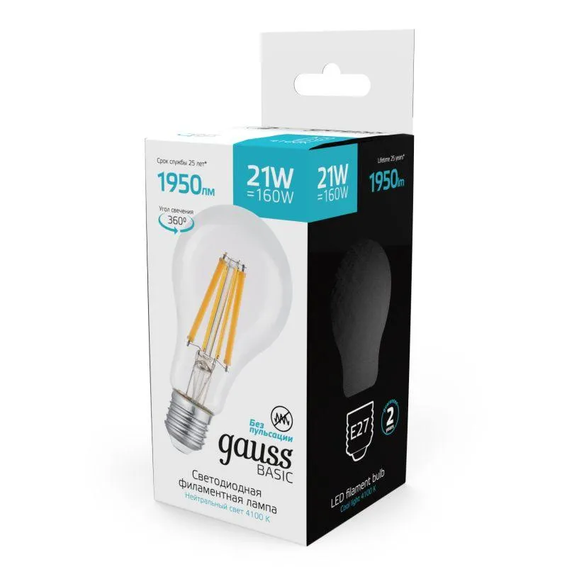 Лампа Gauss Basic Filament А70 21W 1950lm 4100К Е27 LED 1/10/40 40712212