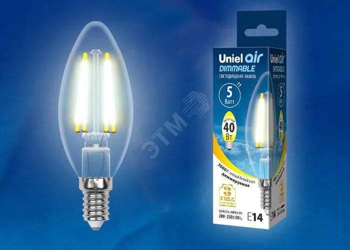 Лампа светодиодная LED-C35-5W/WW/E14/CL/DIM GLA01TR форма "свеча" прозр. Air теплый бел. 3000К димми