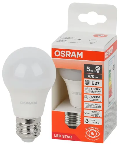 Лампа светодиодная 5 Вт E27 4000 K 250 Lm 180 град. LED Star OSRAM 4058075695597