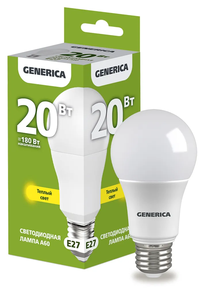 Лампа светодиодная A60 20Вт грушевидная 3000К E27 230В GENERICA LL-A60-20-230-30-E27-G