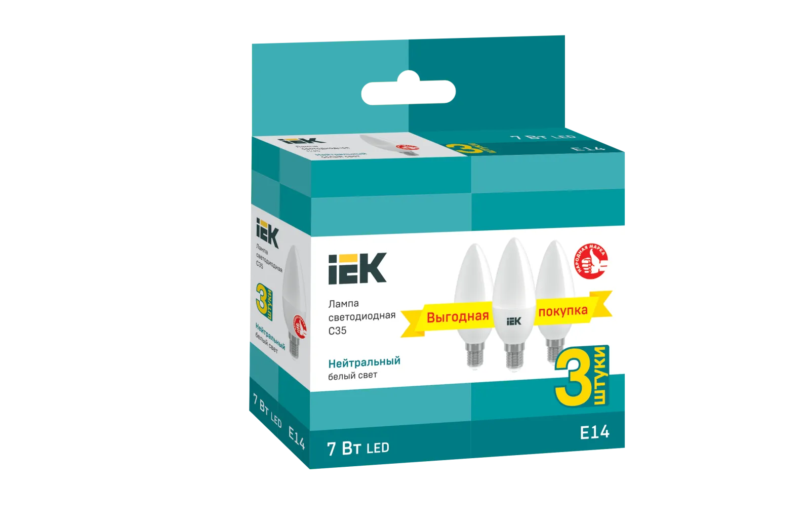 Лампа светодиодная 7Вт C35 свеча 4000К нейтр. бел. E14 230В (уп.3шт) IEK LLE-C35-07-230-40-E14-3
