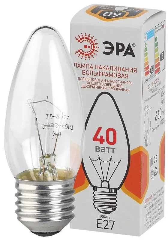 Лампа накаливания ЛОН ДС (B36) свеча 40Вт 230В E27 цв. упаковка | Б0039128 | ЭРА