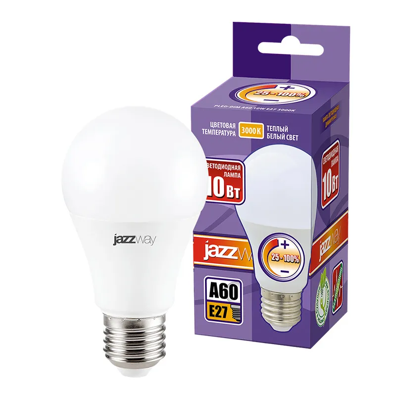 Лампа светодиодная 10 Вт E27 3000 K 820 Lm 220 град PLED DIM JAZZWAY .1028839