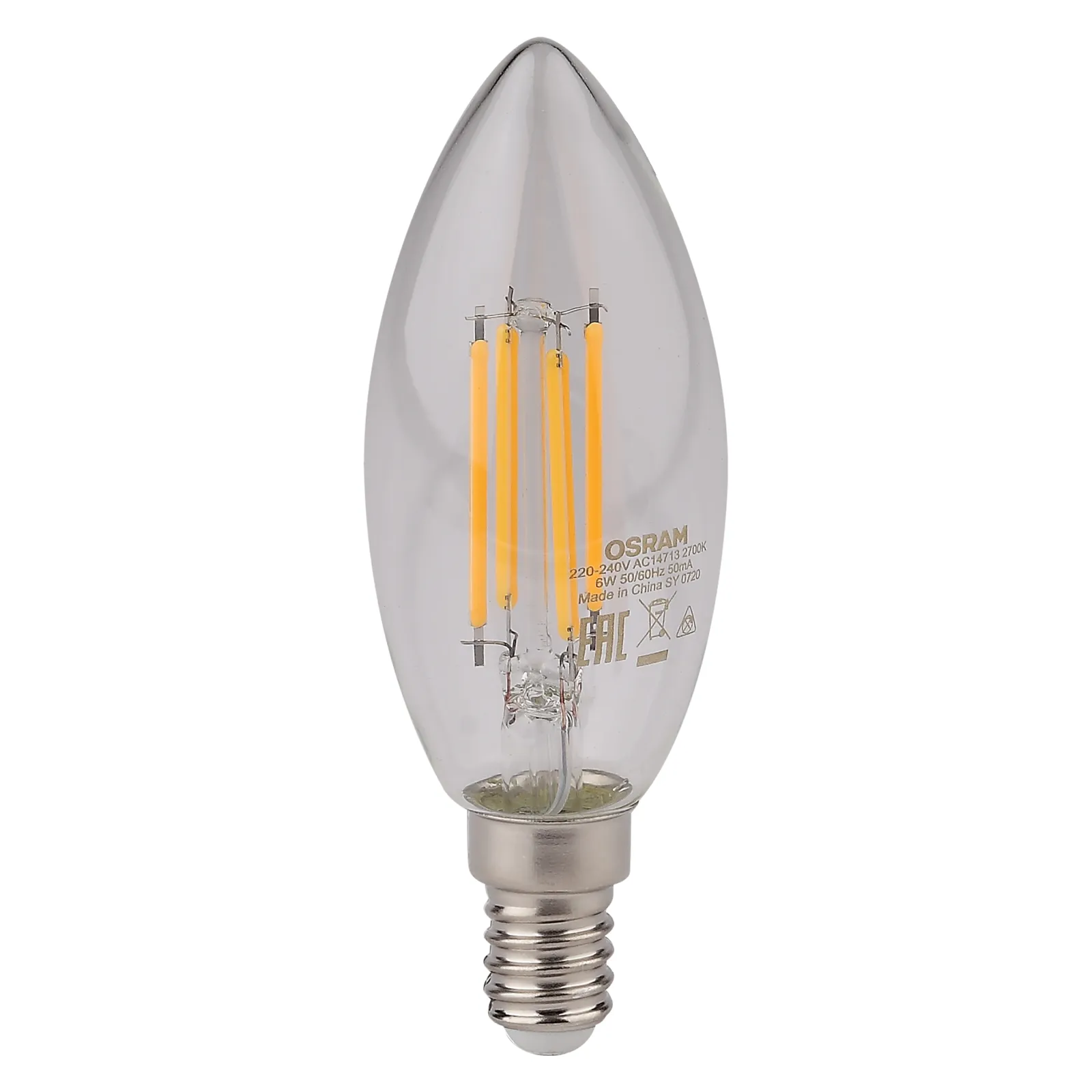 Лампа светодиодная LED 6Вт E14 CLB75 тепло-бел, Filament прозр.свеча OSRAM