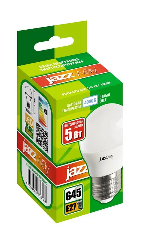Лампа светодиодная LED 5Вт Е27 220В 4000К PLED- ECO-G45 шар | 1036988A | Jazzway
