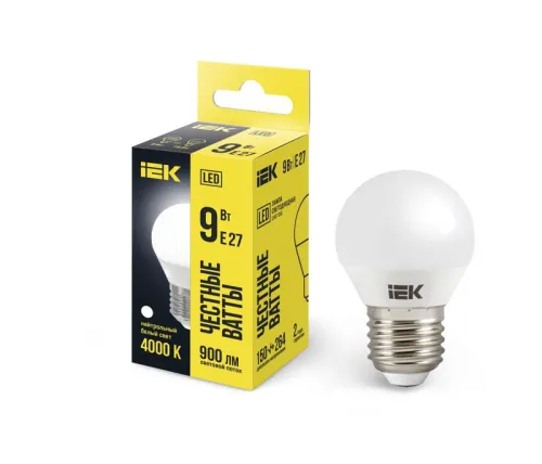 Лампа светодиодная Eco G45 9Вт шар 4000К нейтр. бел. E27 230В IEK LLE-G45-9-230-40-E27