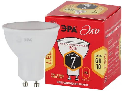 Лампа светодиодная RED LINE ECO LED MR16-7W-827-GU10 7Вт софит теплый белый свет | Б0040874 | ЭРА