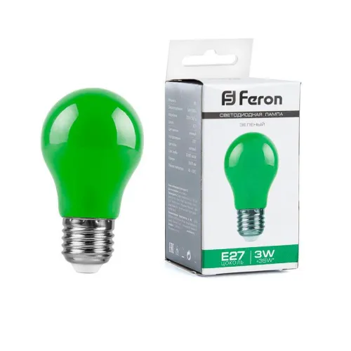 Лампа светодиодная LB-375 3Вт A50 грушевидная матовая E27 230В зел. FERON 25922
