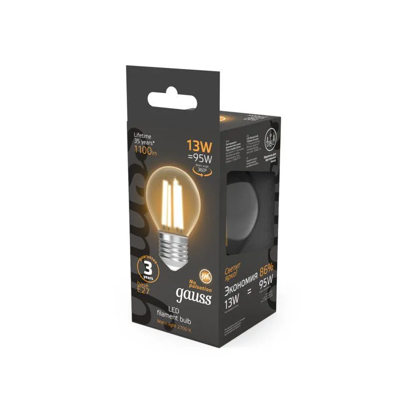 Лампа светодиодная филаментная Black Filament 13Вт P45 шар 2700К тепл. бел. E27 1100лм GAUSS 1058021