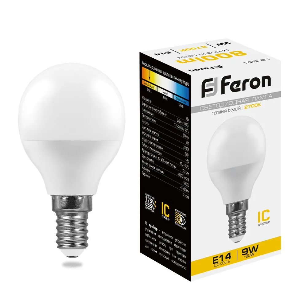 Лампа светодиодная LB-550 9Вт G45 шар 2700К E14 230В FERON 25801