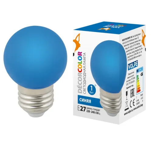 Лампа светодиодная LED-G45-1W/BLUE/E27/FR/С 1Вт шар матовая син. E27 декоративная (упак. картон) Vol