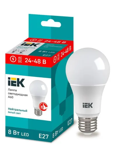 Лампа светодиодная низковольтная LED A60 груша 8Вт 24-48В 4000К E27 | LLE-A60-08-24-48-40-E27 | IEK
