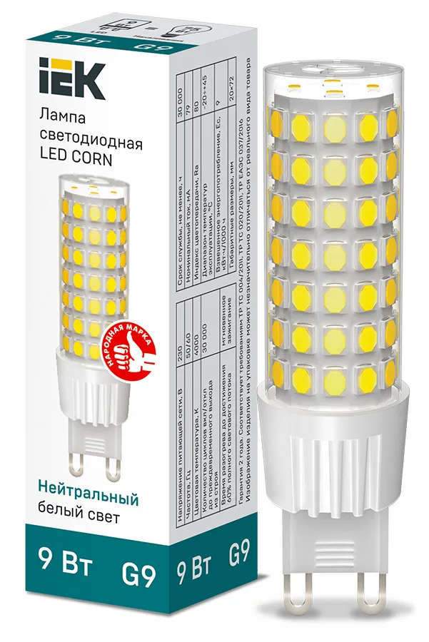 Лампа светодиодная CORN капсула 9Вт 230В 4000К керамика G9 IEK | LLE-CORN-9-230-40-G9 | IEK