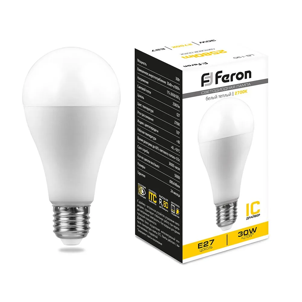 Лампа светодиодная LB-130 30Вт A80 грушевидная 2700К E27 230В FERON 38194