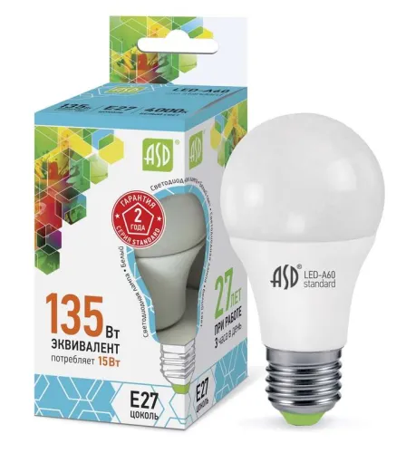 Лампа светодиодная LED-A60-standard 15Вт грушевидная 4000К нейтр. бел. E27 1350лм 160-260В ASD 46906