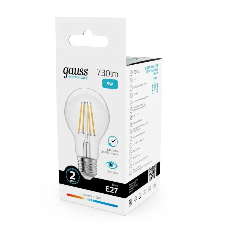 Лампа светодиодная филаментная Filament Elementary А60 9Вт 4100К Е27 730лм GAUSS 22229