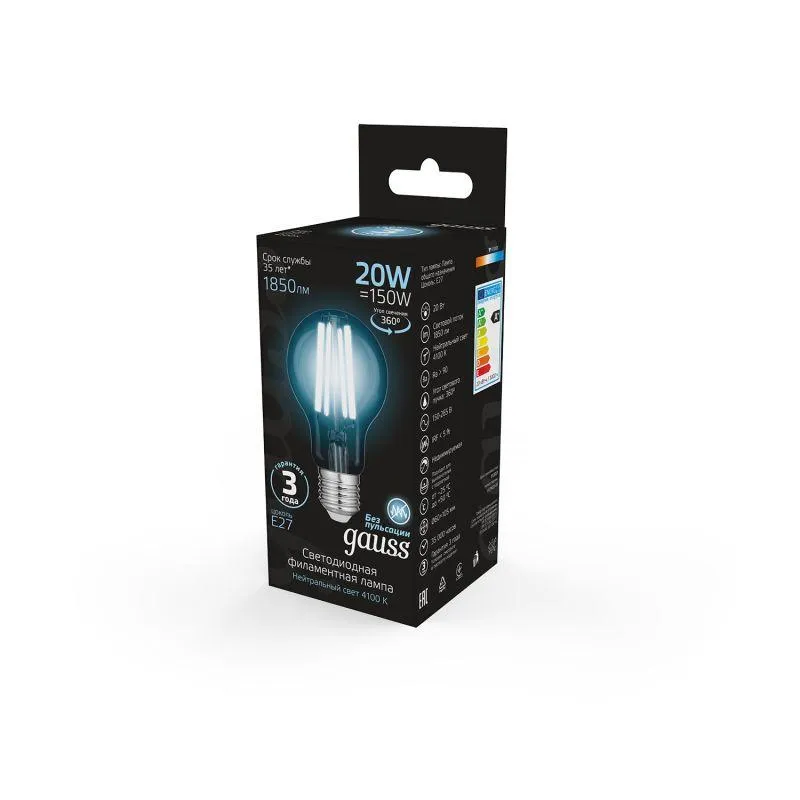 Лампа светодиодная филаментная Black Filament 20Вт A60 грушевидная 4100К нейтр. бел. E27 1850лм GAUS