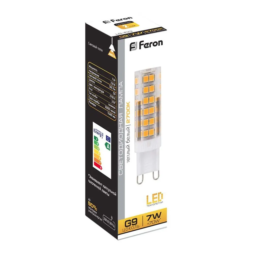 Лампа светодиодная LB-433 7Вт JCD9 2700К G9 230В FERON 25766