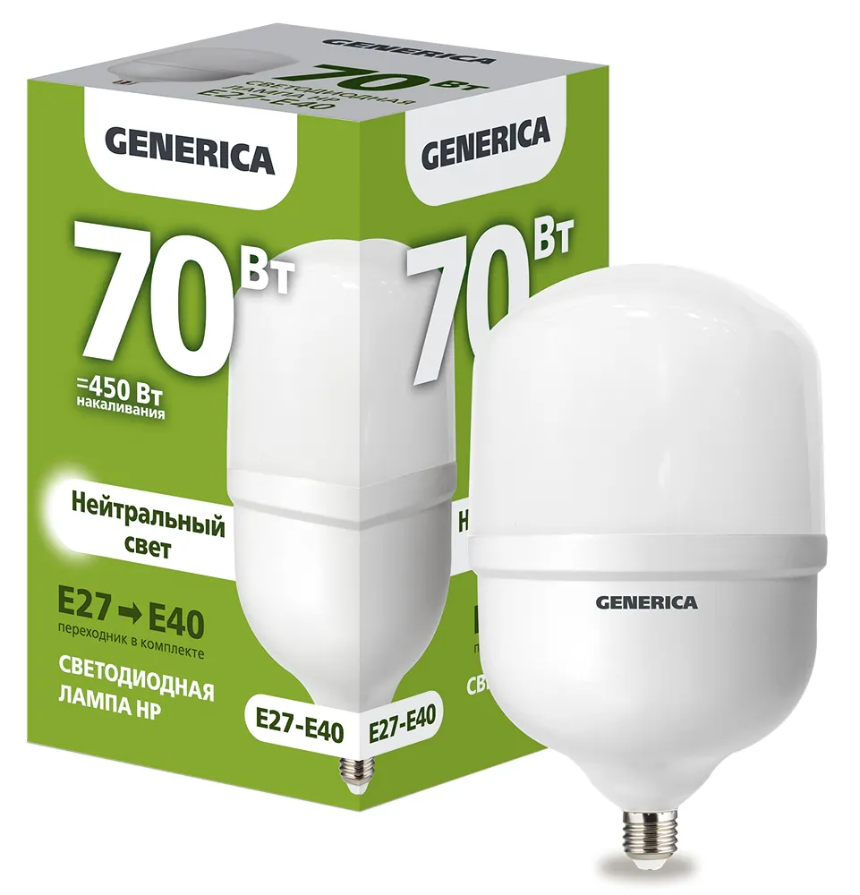 Лампа светодиодная HP 70Вт 230В 4000К E27-E40  | LL-HP-70-230-40-E27-E40-G | GENERICA