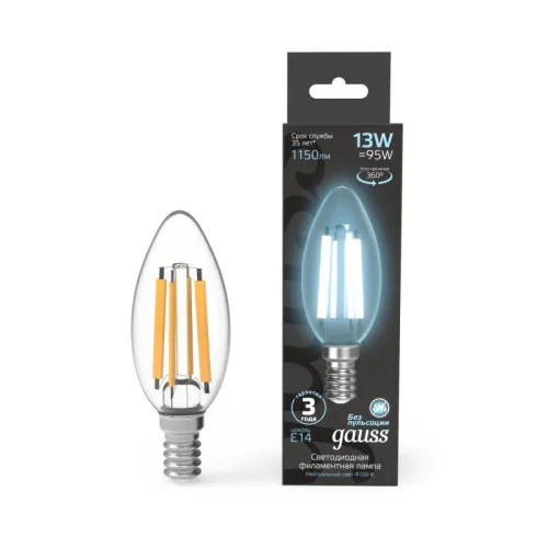 Лампа светодиодная филаментная Black Filament 13Вт свеча 4100К нейтр. бел. E14 1150лм GAUSS 10380121