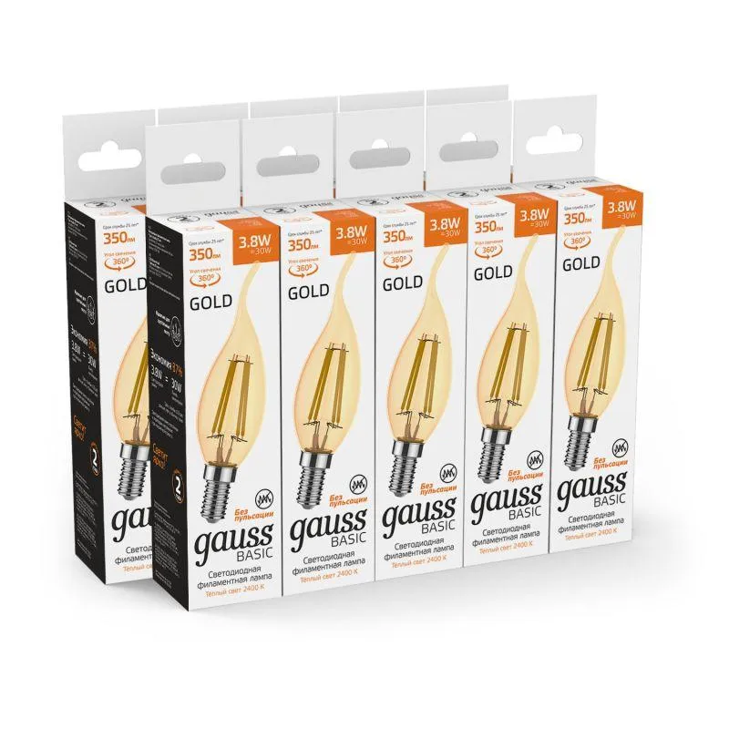 Лампа Gauss Basic Filament Свеча на ветру 3,8W 350lm 2400К Е14 golden LED 1/10/50 1047154