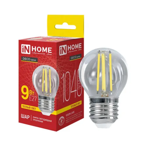 Лампа светодиодная LED-ШАР-deco 9Вт шар прозрачная 3000К тепл. бел. E27 1040лм 230В IN HOME 46906120