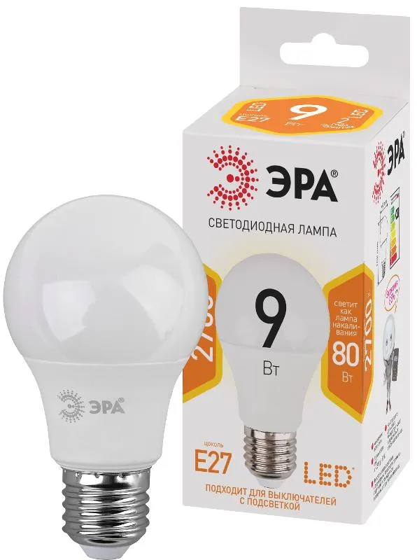 Лампа светодиодная LED 9Вт 827 Е27 220В 2700К LED А60 груша | Б0032246 | ЭРА