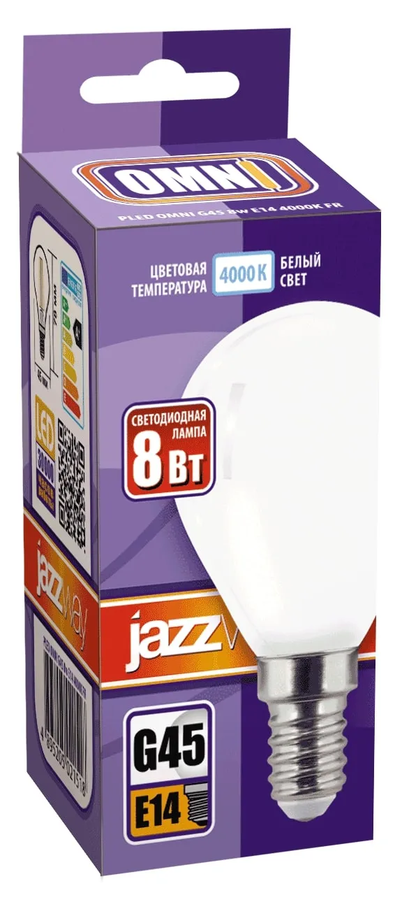 Лампа светодиодная филаментная PLED OMNI 8Вт G45 4000К нейтр. бел. E14 230В/50Гц FR JazzWay 5021518