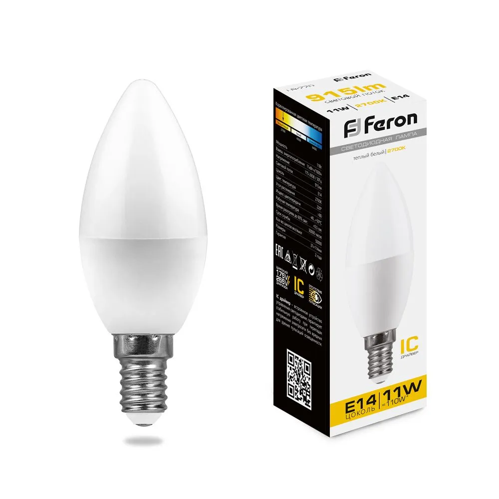 Лампа светодиодная LB-770 11Вт C37 свеча 2700К E14 230В FERON 25941