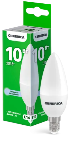 Лампа светодиодная C35 10Вт свеча 6500К E14 230В GENERICA LL-C35-10-230-65-E14-G