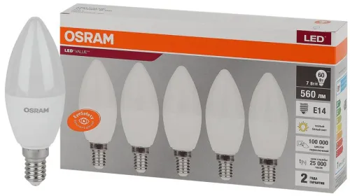 Лампа светодиодная LED Value LVCLB60 7SW/830 7Вт свеча матовая E14 230В 2х5 RU (уп.5шт) OSRAM 405807