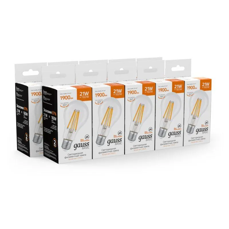 Лампа Gauss Basic Filament А70 21W 1900lm 2700К Е27 LED 1/10/40 40712112