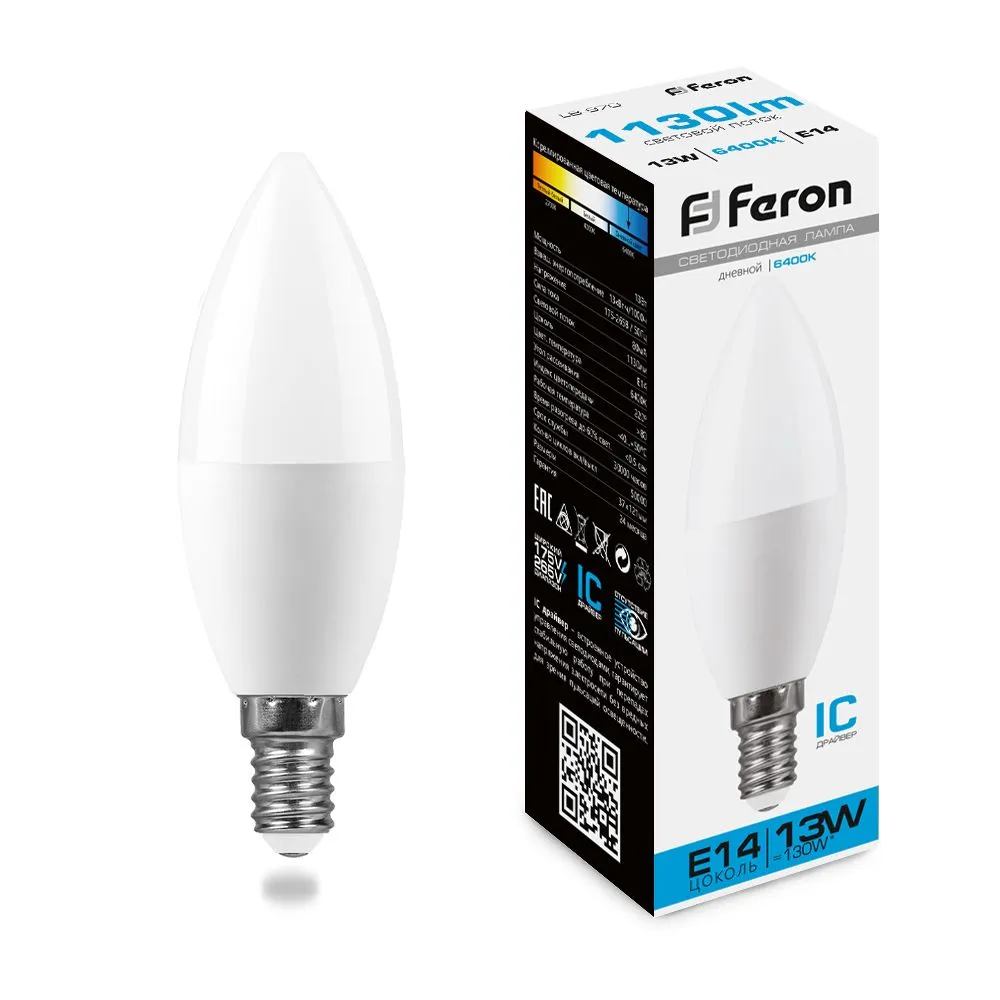 Лампа светодиодная LB-970 13Вт C37 свеча 6400К E14 230В FERON 38109