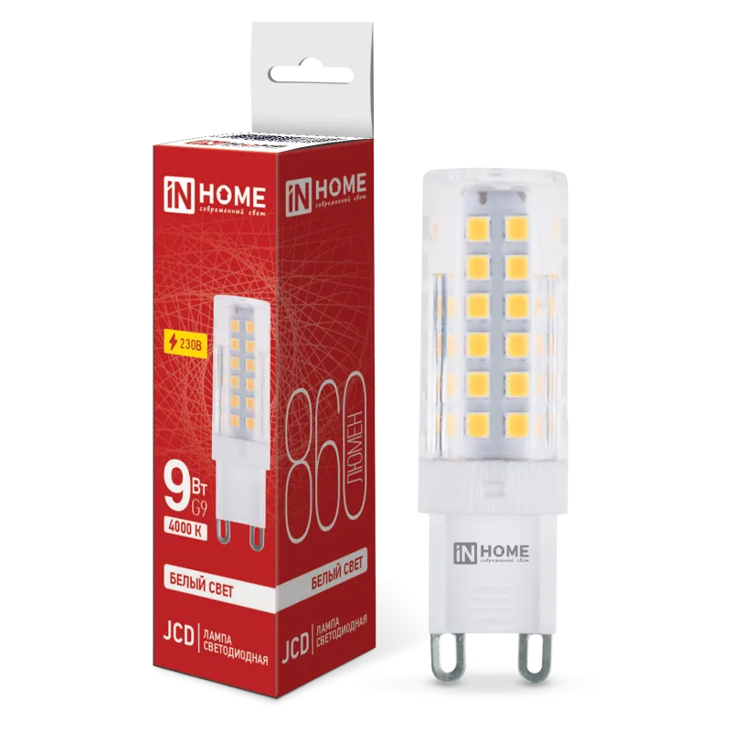 Лампа светодиодная LED-JCD 9Вт капсульная прозрачная 4000К нейтр. бел. G9 860лм 230В IN HOME 4690612