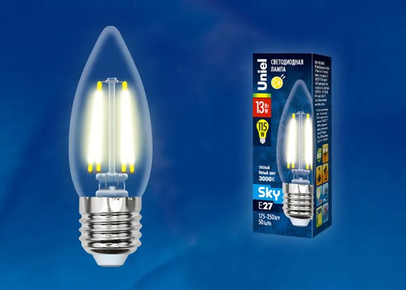 Лампа светодиодная LED-C35-13W/3000K/E27/CL PLS02WH Sky прозр. картон Uniel UL-00005901
