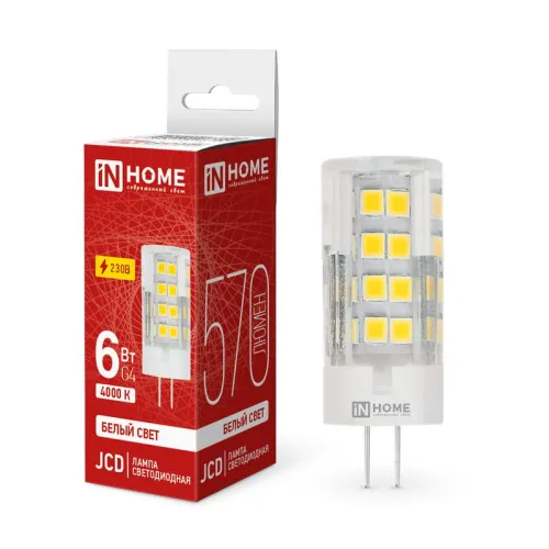 Лампа светодиодная LED-JCD 6Вт капсульная прозрачная 4000К нейтр. бел. G4 570лм 230В IN HOME 4690612