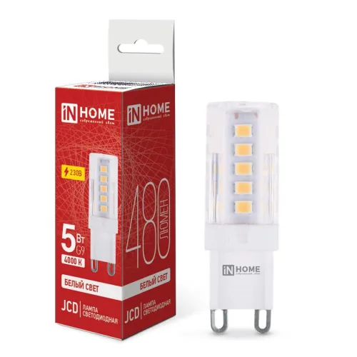 Лампа светодиодная LED-JCD 5Вт капсульная прозрачная 4000К нейтр. бел. G9 480лм 230В IN HOME 4690612
